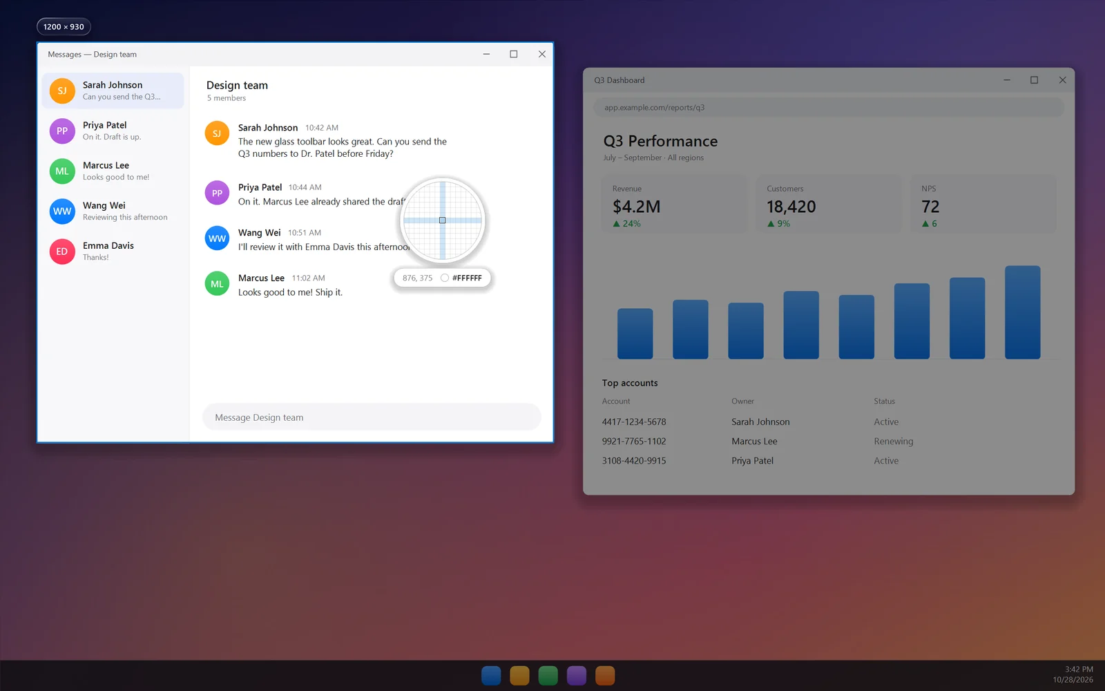The LiteShot capture screen: the desktop is frozen and dimmed except a chat window under the cursor, which is outlined, with a round pixel loupe showing coordinates and the color #FFFFFF.