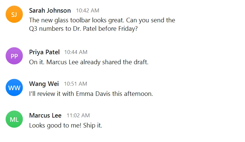 A chat thread with the names Sarah Johnson, Dr. Patel, Priya Patel, Marcus Lee, Wang Wei and Emma Davis readable.