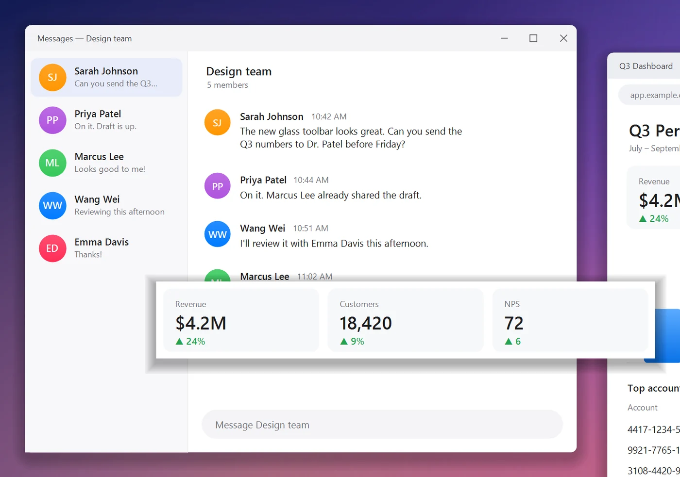 The Q3 KPI cards pinned as a floating screenshot above a chat window.