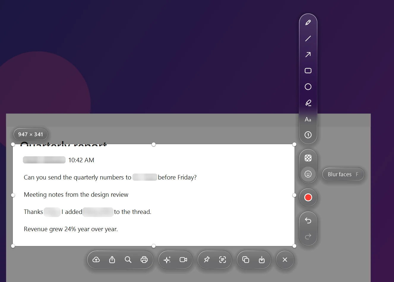 A chat captured in LiteShot with the people's names blurred automatically, and the Blur faces button showing its tooltip.